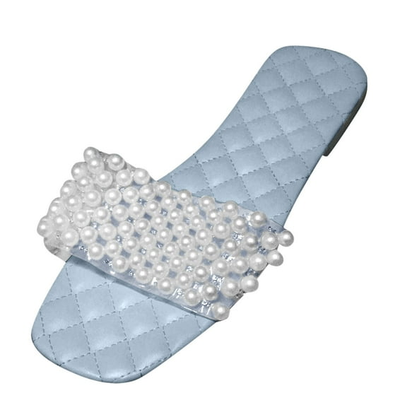 Itsun Sandals Women,Women's Slides Square Open Toe Pearl Single Band Fashion Flat Sandals, Comfortable Dressy Casual Beach Slippers Blue B