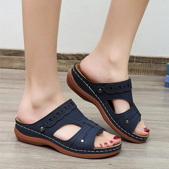 Itsun Sandals Women,Womens H-Band Strap Platform Sandals with Arch Support Summer Casual Wedge Sandals Dark Blue