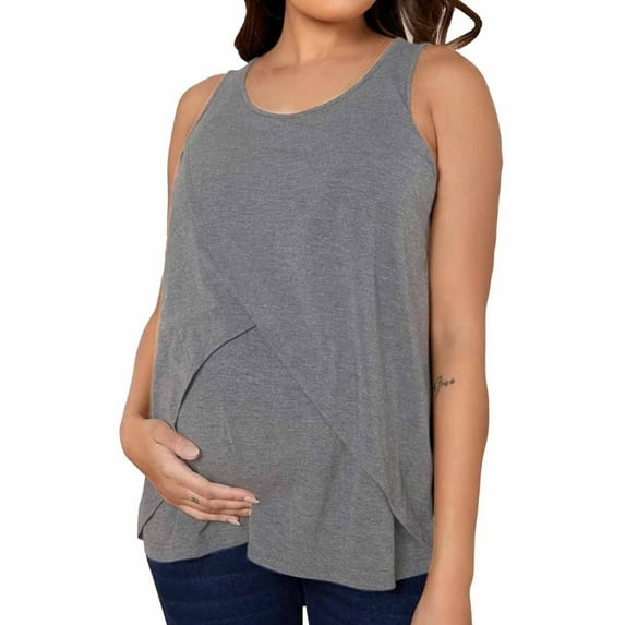 Itsun Summer Maternity Tank Tops,Pregnant Womens Nursing Solid Color Round Neck Sleeveless Round Neck Breastfeeding Blouse Gray