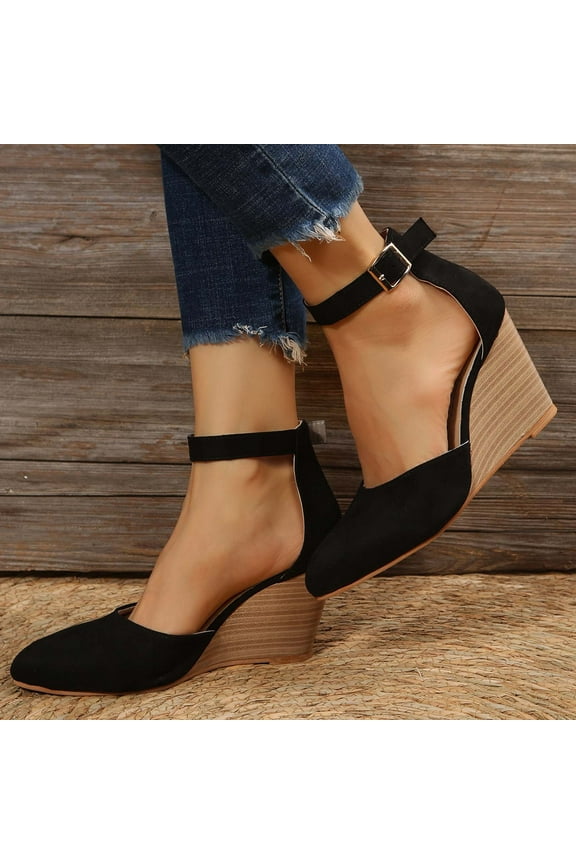 Itsun Wedge Platform Sandals, Women's Closed Toe Buckle Strap Wedge Sandals Black