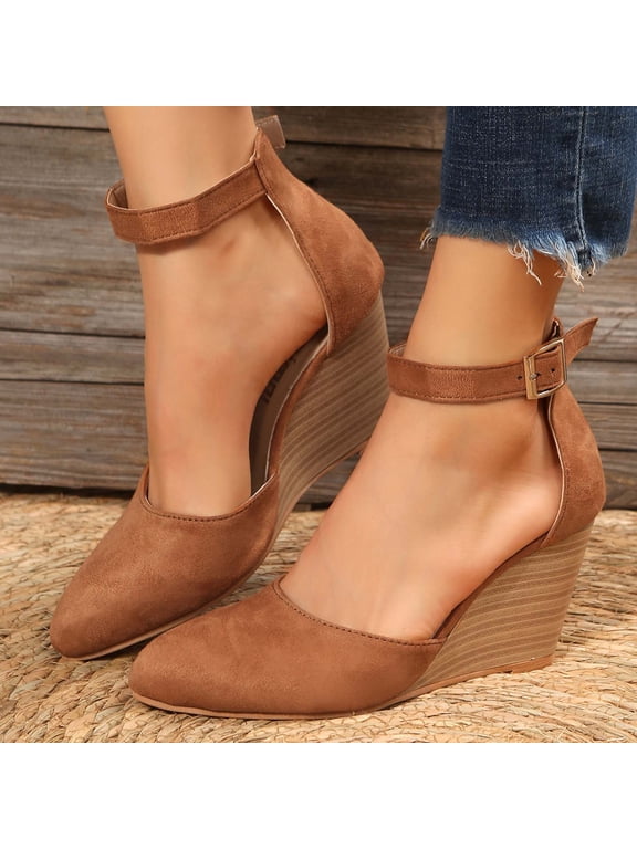 Wedge Platform Sandals, Women's Closed Toe Buckle Strap Wedge Sandals Brown