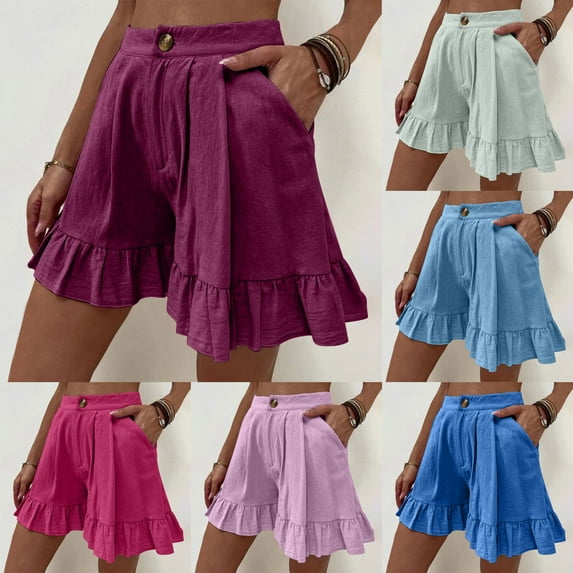Itsun Women's Shorts Casual,Women's Fashion Solid Color Casual Wide Leg Ruffle Loose High Waist Shorts Pants Sky Blue S