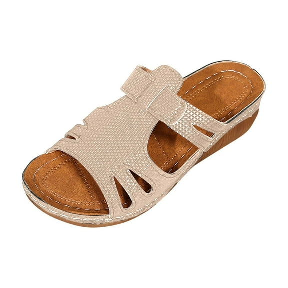 Itsun Women's Slippers,Fashion Casual Summer New Hollow Strap Fish Mouth Wedge Slippers Beige US Size 5.5