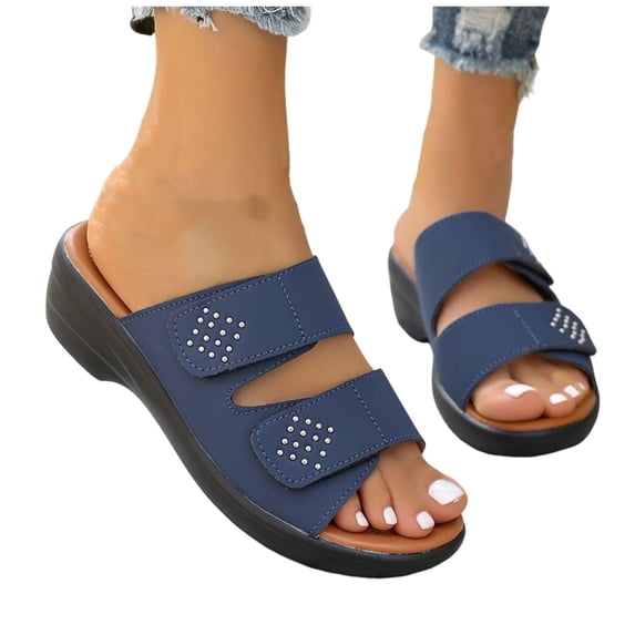 Itsun Women's Slippers,Fashionable And Casual Summer New Style Wedge Heel Solid Color One-Line Beach Slippers Navy US Size 5.5