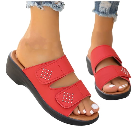 Itsun Women's Slippers,Fashionable And Casual Summer New Style Wedge Heel Solid Color One-Line Beach Slippers Red US Size 8.5