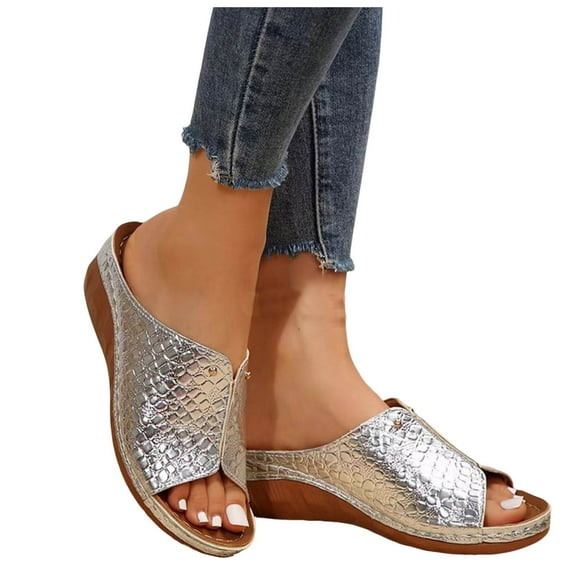 Itsun Women's Slippers,Fashionable And Casual Summer New Thick Bottom Fish Mouth Stone Pattern Wedge Heel Beach Sandals Silver US Size 8.5