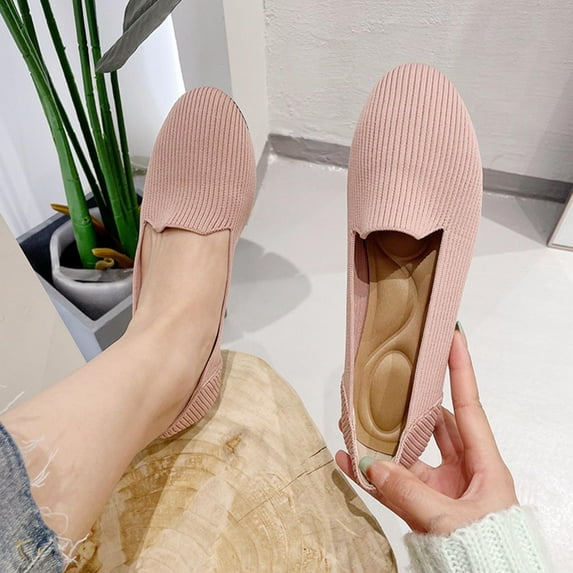 Itsun Womens Dress Shoes, Women's Flying Knitting Solid Color Light Mouth Mesh Flats Shoes, Comfort Soft Slip On Flats Shoes Pink