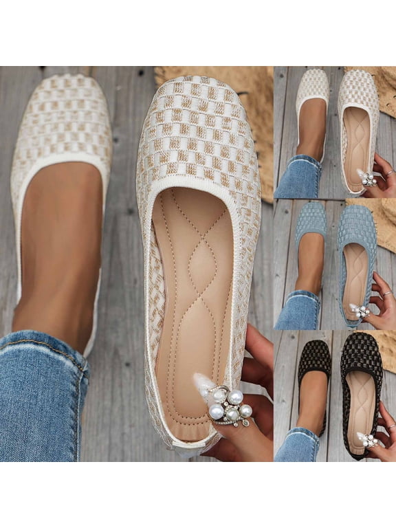 Womens Dress Shoes,Women's Mesh Flats Shoes Breathable Slip on Shoes Casual Flats Comfortable Walking Shoes Beige US Size 8