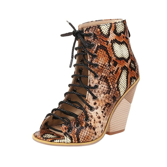 Itsun Womens Heeled Sandals, Women's Open Pointed Toe Strappy Chunky High Heels Dress Sandals, Summer Fashion Non-slip, Casual Lace-up Boots Brown