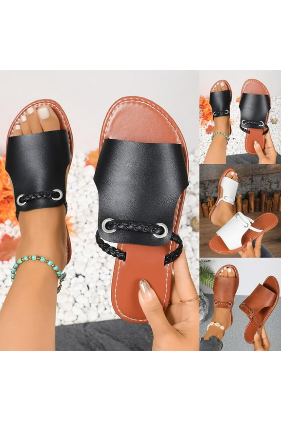 Womens Sandals,Women's Flat Sandals Dressy Summer Open Toe Slip On Leather Slide Sandals Black US Size 11