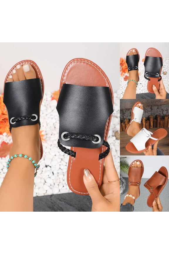 Womens Sandals,Women's Flat Sandals Dressy Summer Open Toe Slip On Leather Slide Sandals Black US Size 8