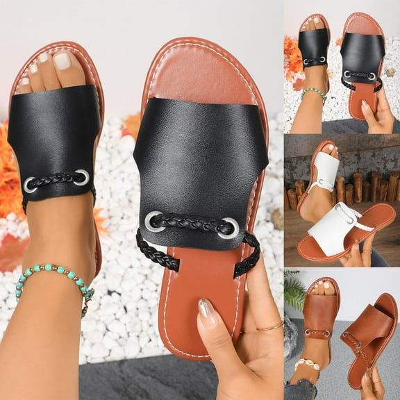 Itsun Womens Sandals,Women's Flat Sandals Dressy Summer Open Toe Slip On Leather Slide Sandals Brown US Size 10