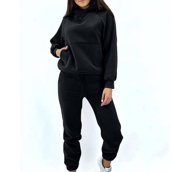 Itsun Womens Sets Fall Winter Solid Casual Long Sleeve Round Neck Hooded Sweater Comfortable Warm Trousers Two-Piece Suit Black S