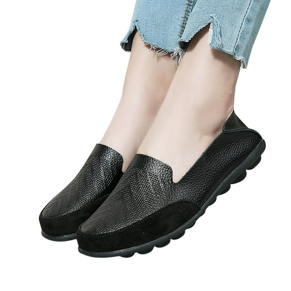 Itsun Womens Slip On Flat Shoes, Women's Comfortable Leather Loafers, Casual Round Toe Moccasins Driving Flats, Soft Walking Shoes Women Slip On Black