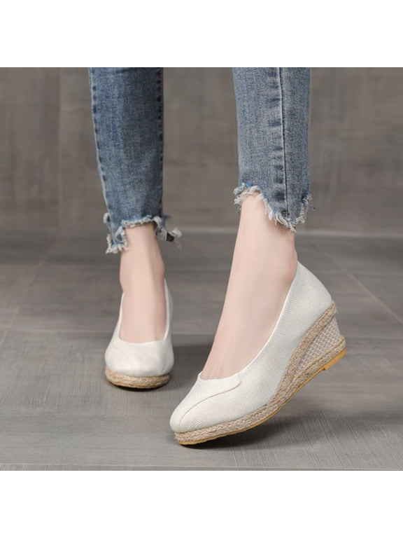 Itsun Womens Wedge Shoes, Womens Closed Toe Wedges Platform Shoes, Slingback High Heel Canvas Dress Sandals, Comfort Soft Slip On Shoes White