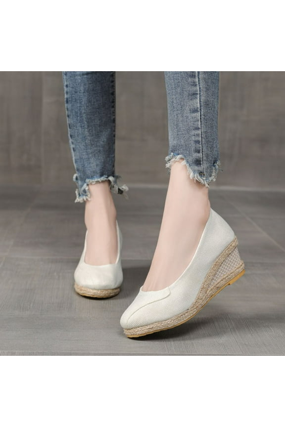 Womens Wedge Shoes, Womens Closed Toe Wedges Platform Shoes, Slingback High Heel Canvas Dress Sandals, Comfort Soft Slip On Shoes White