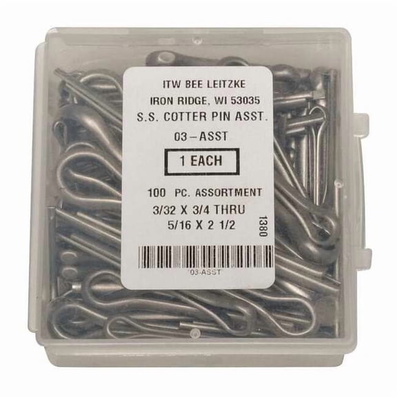 Cotter Pin Assortment, 18-8 Stainless Steel, Plain, 100 Pcs