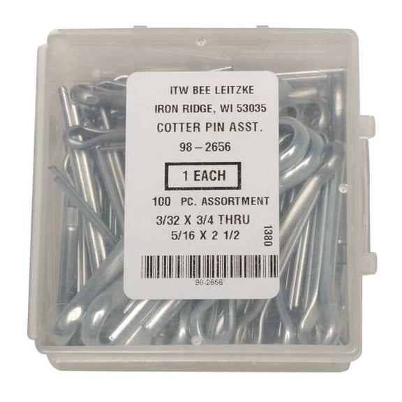 Cotter Pin Assortment, Steel, Zinc Plated, 100 Pcs