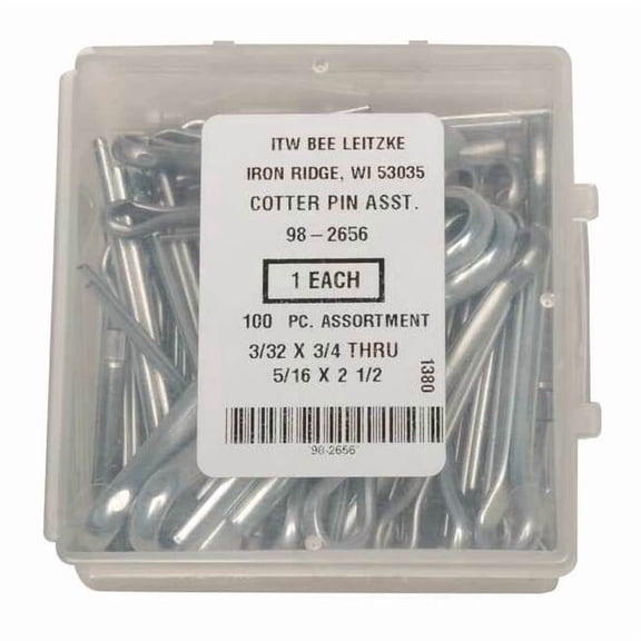 Cotter Pin Assortment, Steel, Zinc Plated, 100 Pcs