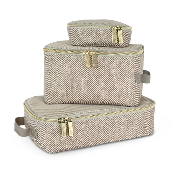 Itzy Ritzy Packing Cubes - Set of 3 Packing Cubes or Travel Organizers; Each Cube Features a Mesh Top, Double Zippers and a Fabric Handle; Taupe