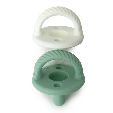 Itzy Ritzy Sweetie Soother Pacifier Set of 2- Silicone Newborn Pacifiers with Collapsible Handle & Two Air Holes for Added Safety; Set of 2 in Green and White, Ages Newborn & Up