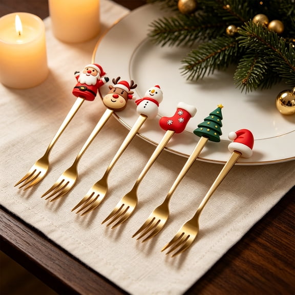 Iuaoueui 6 Pcs Christmas Stainless Steel Fork, Gold Santa Claus Snowman Elk Coffee Fork, Xmas Dinner Tableware, for Meat and Bread Inserting