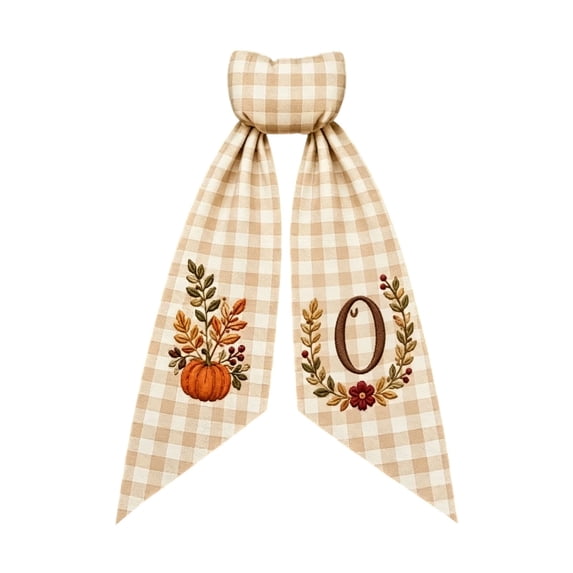 Iuaoueui Fall Wreath Sash 7 inches with Personalized Letter Monogram, Embroidered Initial Pumpkin Bow, Linen Plaid, Winter Holiday Decor for Front Door, Garden