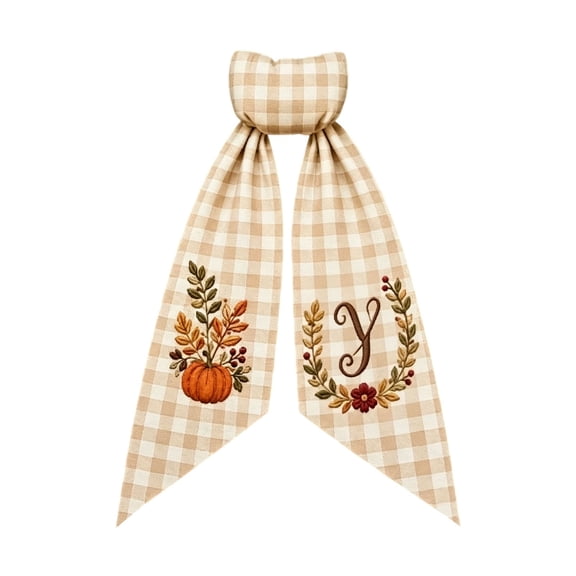 Iuaoueui Fall Wreath Sash 7 inches with Personalized Letter Monogram, Embroidered Initial Pumpkin Bow, Linen Plaid, Winter Holiday Decor for Front Door, Garden