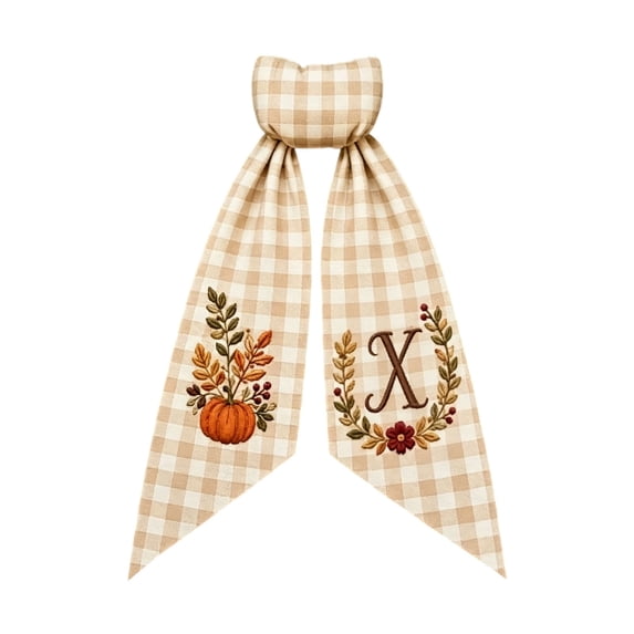 Iuaoueui Fall Wreath Sash 7 inches with Personalized Letter Monogram, Embroidered Initial Pumpkin Bow, Linen Plaid, Winter Holiday Decor for Front Door, Garden