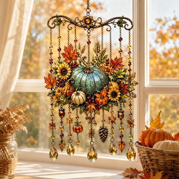 Iuaoueui Thanksgiving-Themed Crystal Wind Chime,Stained Glass Style Hanging Sun Catcher, Fall Sparkling Acrylic Wind Chimes, Thanksgiving Sun Catcher Hanging Autumn Decor for Window Garden Yard