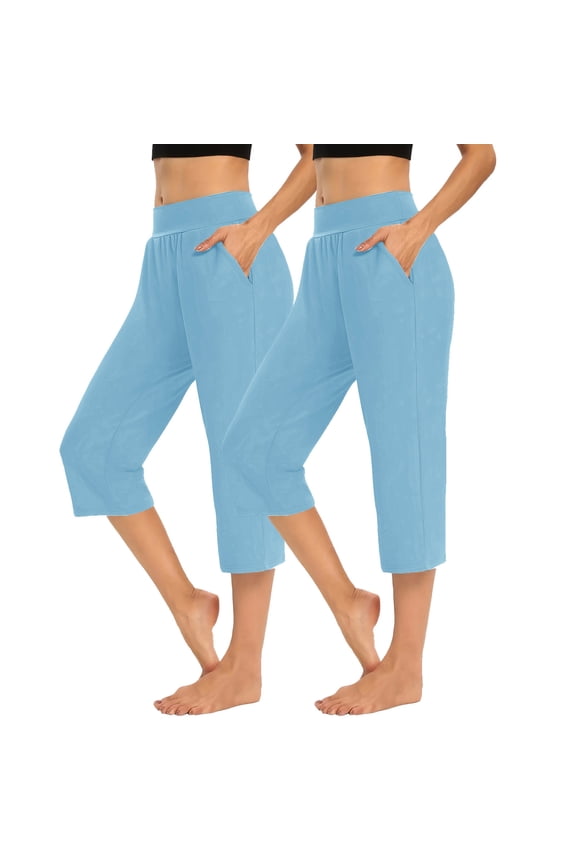 2 Pack Capri Leggings for Women - High Waisted Capris Soft Tummy Control Yoga Pants with Pockets Loose Straight Wide Leg Workout Cropped Trousers Sky Blue&Sky Blue XXL