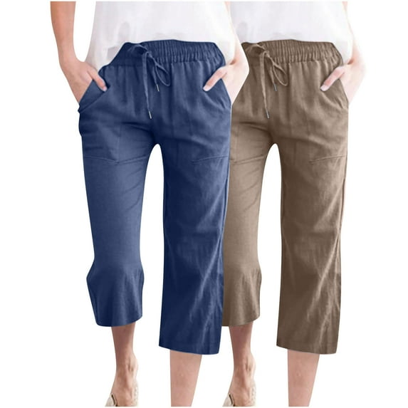 Iugvhana 2-Pack Linen Capri Pants for Women Plus Size Casual Drawstring Elastic High Waist Cropped Pants Straight Loose Wide Leg Capris with Pockets Navy&Brown XXXL