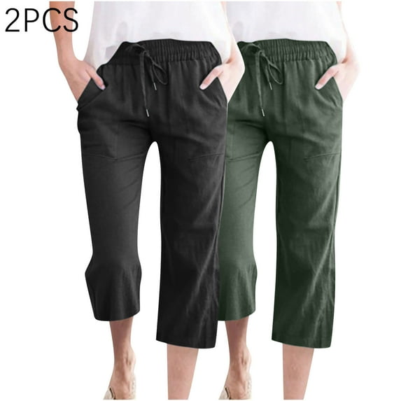 Iugvhana 2-Pack Linen Capri Pants for Women Plus Size Casual Drawstring Elastic High Waist Cropped Pants Straight Loose Wide Leg Capris with Pockets Black&Army Green XXL