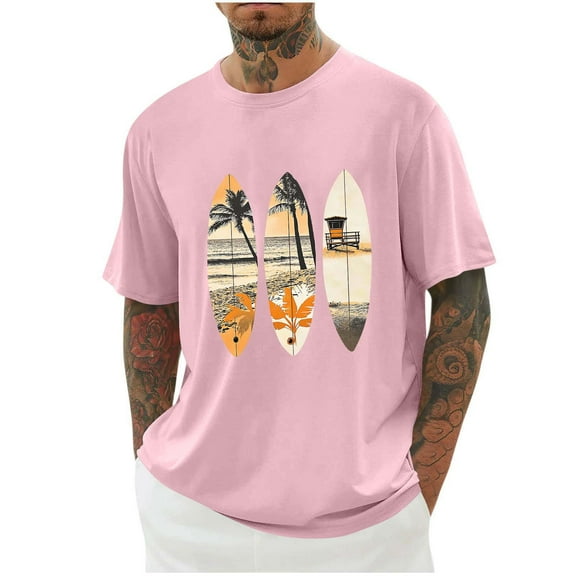 Iugvhana Beach Shirts for Men Hawaiian Palm Tree Graphic Tees Sunshine Summer Vacation Tshirt Tops Loose Casual Pink XXXXL
