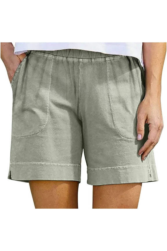 Beach Shorts for Women Casual Elastic High Waist Linen Shorts Loose Fit Trendy Vacation Short Pants Solid Color Bermuda Shorts with Pockets Gray#01 S