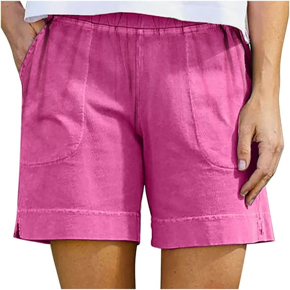 Iugvhana Beach Shorts for Women Casual Elastic High Waist Linen Shorts Loose Fit Trendy Vacation Short Pants Solid Color Bermuda Shorts with Pockets Hot Pink XL