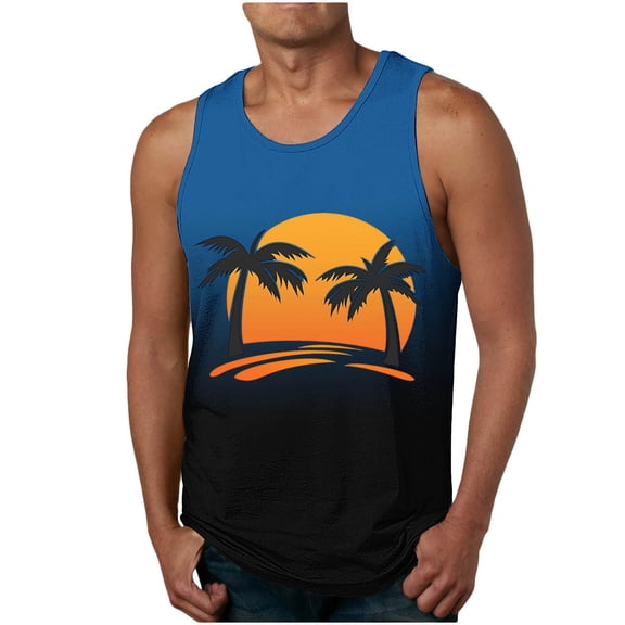 Iugvhana Big & Tall Tank Tops for Men Sleeveless Hawaiian Beach Sunset Gradient Print T-Shirt Summer Crew Neck Vest Tee Blue S