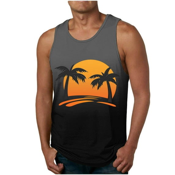 Iugvhana Big & Tall Tank Tops for Men Sleeveless Hawaiian Beach Sunset Gradient Print T-Shirt Summer Crew Neck Vest Tee Dark Gray L