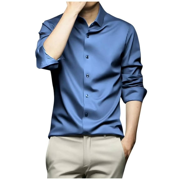 Iugvhana Big and Tall Dress Shirts for Men Casual Business Imitation Silk Shirt Wrinkle-Free Button Collared Long Sleeve Shirt Blue XXXL