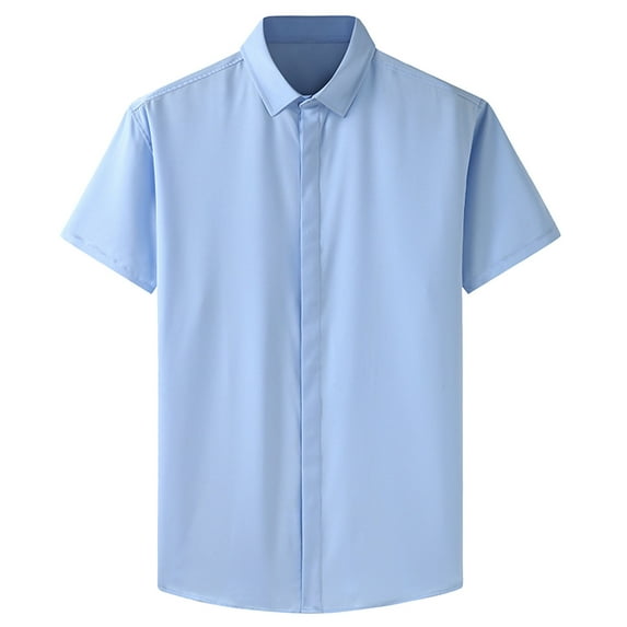 Iugvhana Business Dress Shirts for Men Big and Tall Loose Casual Solid Regular-Fit Button Down Short Sleeve Shirt Summer Office Tops Light Blue XXXXXL