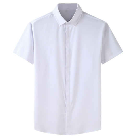 Iugvhana Business Dress Shirts for Men Big and Tall Loose Casual Solid Regular-Fit Button Down Short Sleeve Shirt Summer Office Tops White#1 XXXL