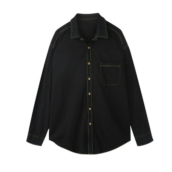 Iugvhana Button Up Jean Shirts for Men Casual Loose Fit Long Sleeve Turndown Collar Shirt Blouse Oversized Tops Black XXXL