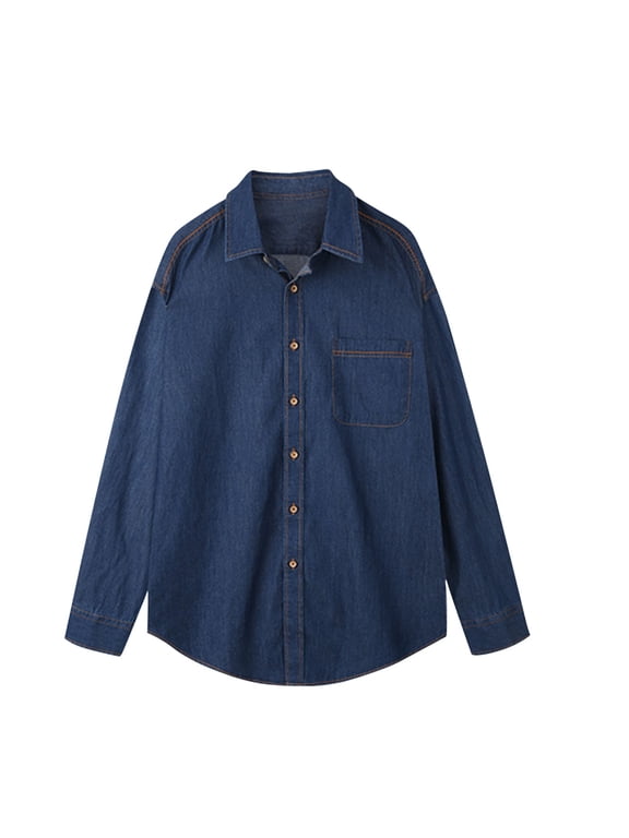 Button Up Jean Shirts for Men Casual Loose Fit Long Sleeve Turndown Collar Shirt Blouse Oversized Tops Dark Blue L