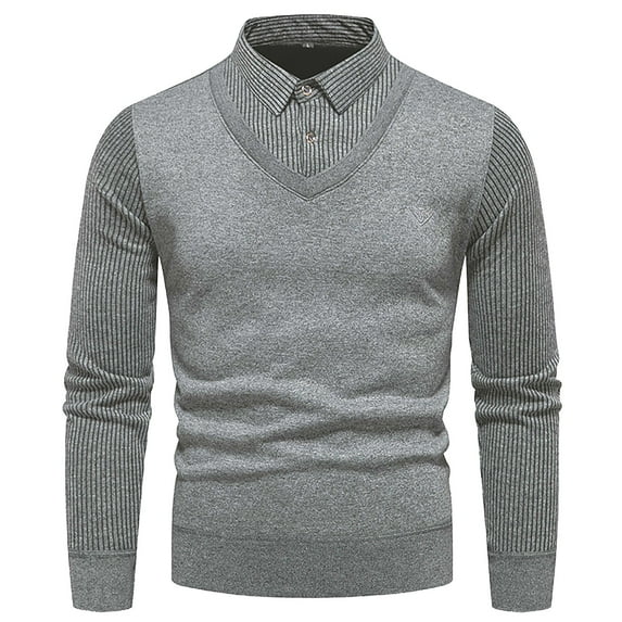 Iugvhana Button Up Pullover Knit Sweater for Men Slim Casual Business Fake Two Turndown Collar Knitting Sweaters Gray L