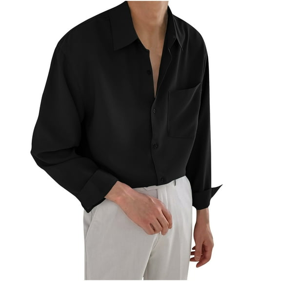 Iugvhana Button Up Shirts for Men Casual Fashion Solid Color Basic Long Sleeve Turndown Collar Shirt Blouse with Pocket Black XL