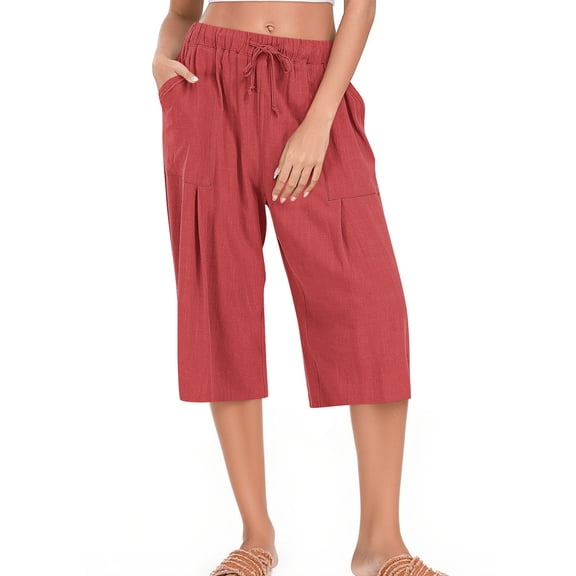 Iugvhana Capri Pants for Women Wide Leg Casual Vacation Summer Capris Pants Elastic Waist Drawstring Lightweight Cropped Pants with Pockets Watermelon Red XXL
