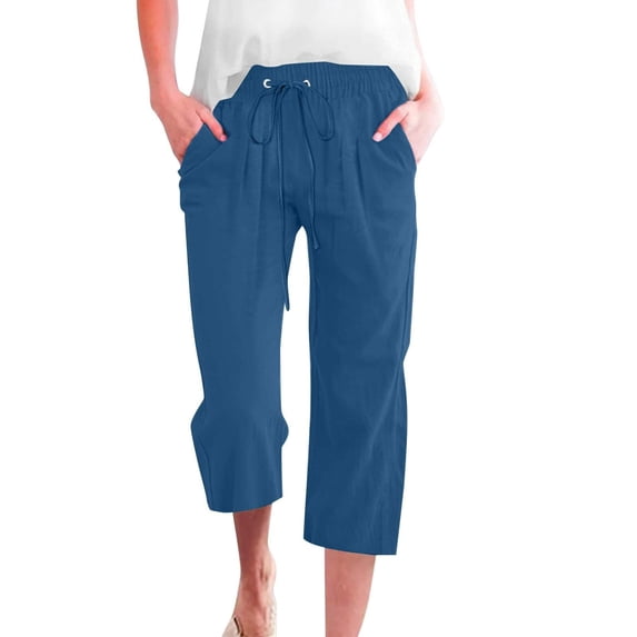 Iugvhana Capri Pants for Women Cotton Linen Summer Drawstring Elastic Waist Pants Casual Straight Wide Leg Cropped Trouser with Pocket Blue XXXL