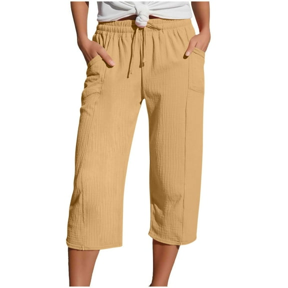 Iugvhana Capri Pants for Women Elastic Waist Drawstring Lightweight Straight Leg Pants Casual Summer Loose Cropped Pants with Pockets Yellow M