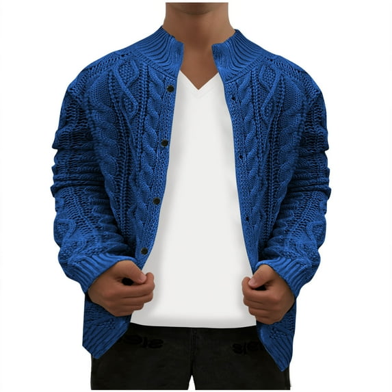 Iugvhana Cardigan Sweaters for Men Stand Collar Button Up Slim Fit Knitted Sweater Comfy Casual Fall Winter Long Sleeve Cardigans Jackets Blue XL