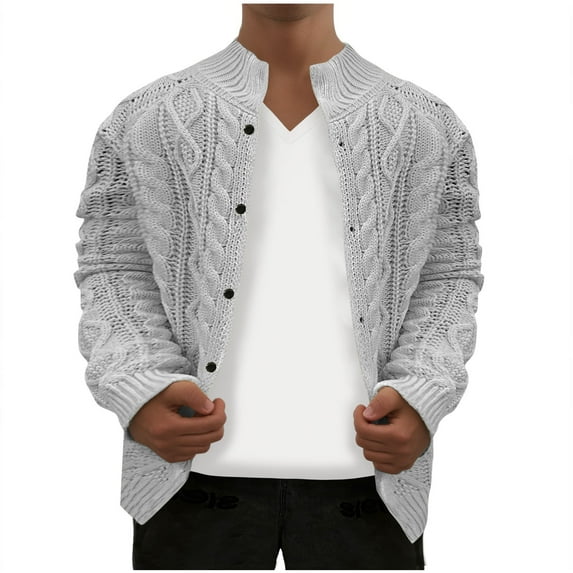 Iugvhana Cardigan Sweaters for Men Stand Collar Button Up Slim Fit Knitted Sweater Comfy Casual Fall Winter Long Sleeve Cardigans Jackets Gray L